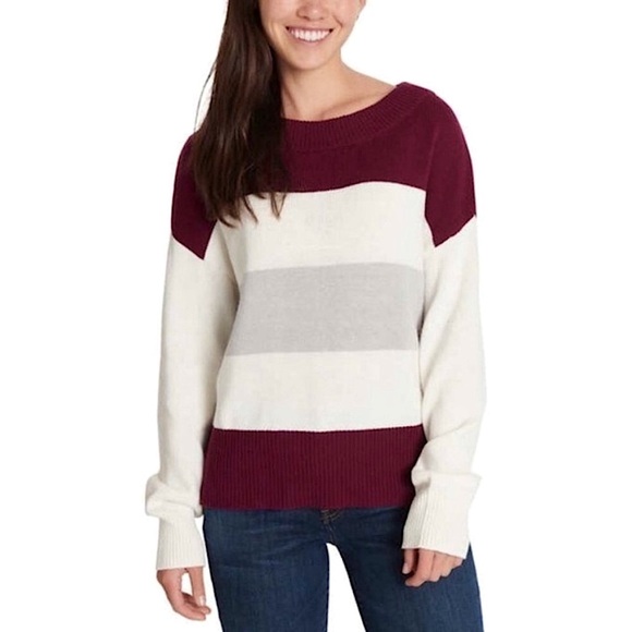 Lucky Brand Burgundy, Grey & Winter White Color-block Boatneck Sweater Size L - Picture 2 of 15